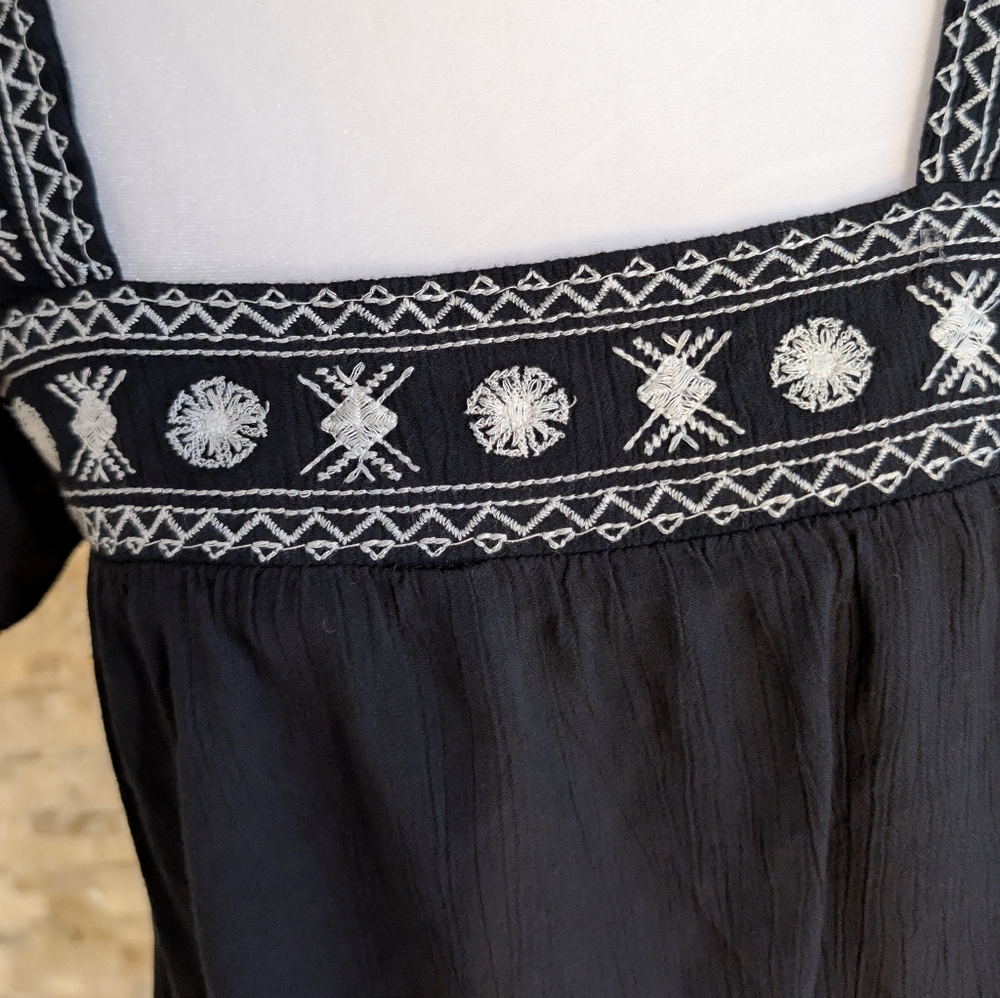 Vintage Y2K 90s Boho Embroidered Square Neck Puff Sleeve Black Peasant Blouse S image 3